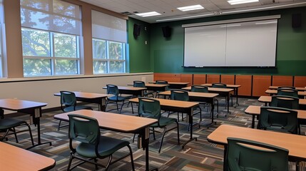 Classroom, Empty school classroom interior with white board and wooden desks