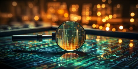 Analyzing Industrial Data Trends: A Metaphorical View Through a Magnifying Glass. Concept Data Analysis, Industrial Trends, Metaphorical View, Magnifying Glass