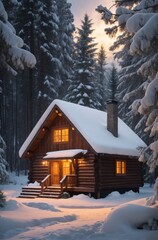 snowy landscape with a fabulous wooden house in a winter pine Christmas forest