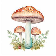 button mushroom clipart, pastel colors , watercolor, hand drawn, on a white background сreated with Generative Ai