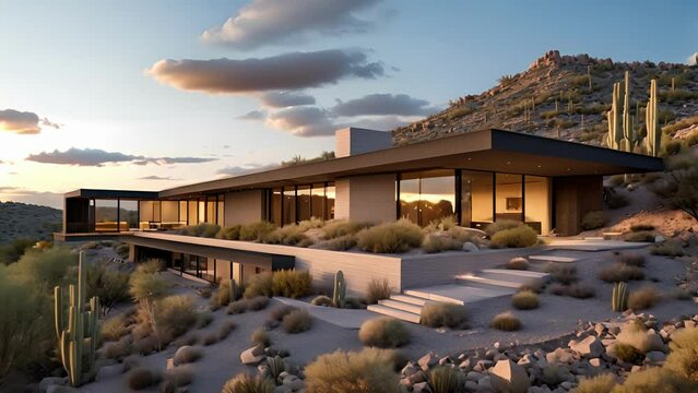 This contemporary residence is designed to fit seamlessly into the desert landscape with a low profile and earth tone color scheme and a unique cactus garden growing on the