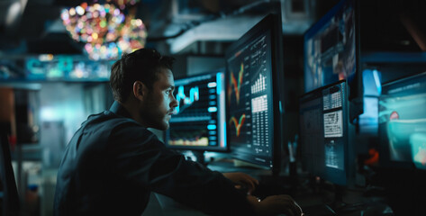 a a financial analyst analyzing data and charts on a computer screen, making informed decisions and recommendations for investments