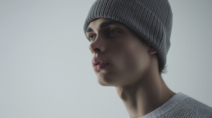 portrait of a mannequin  wearing a grey beanie hat. Beanie hat mockup for product placement