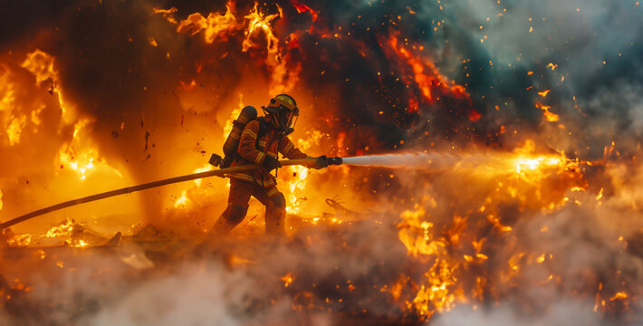 fire in the forest, a striking shot of a firefighter battling a blaze, wielding a hose and wearing protective gear as they work to extinguish flames and save lives  photography 