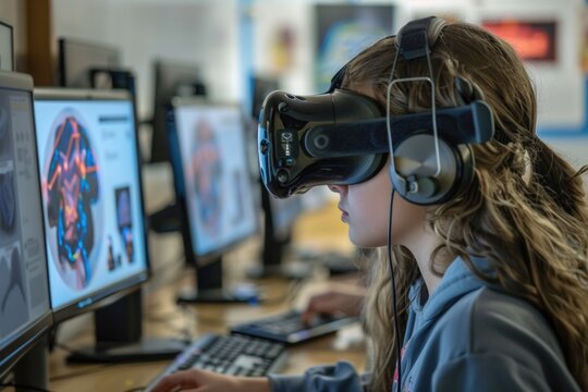 Young student using virtual reality headset for educational purposes in a tech class
