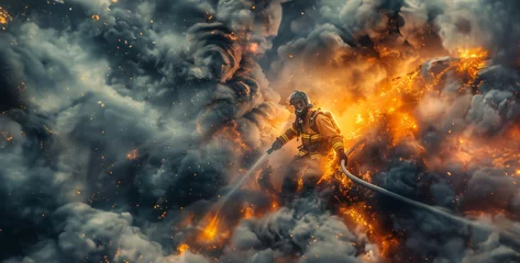 Wandcirkels tuinposter fire in the woods, a striking shot of a firefighter battling a blaze, wielding a hose and wearing protective gear as they work to extinguish flames and save lives  photography  © Kashif