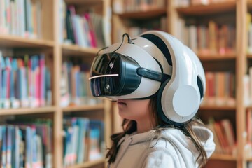 Child in a futuristic VR helmet exploring a virtual library for immersive education