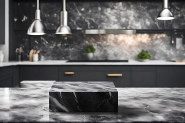 Modern empty dark marble table top or kitchen island on blurry bokeh kitchen room interior background. for montage product display. digital art - obrazy, fototapety, plakaty