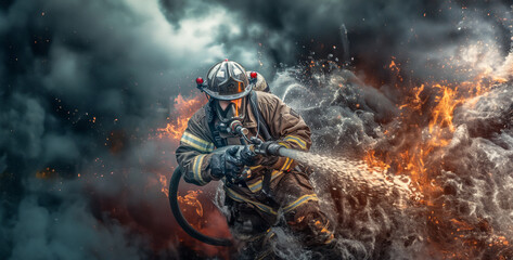 person in a gas mask holding a fire, a striking shot of a firefighter battling a blaze, wielding a hose and wearing protective gear as they work to extinguish flames and save lives  photography 