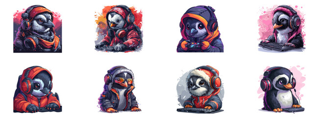 Penguin vector. Penguin as a professional gamer, esports, gaming, competitive play, digital entertainment, skillful, gaming culture, cute animal cartoon character illustration set