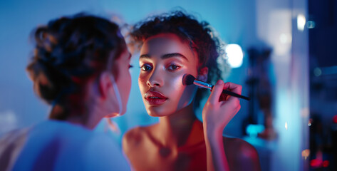 a visually striking shot of a makeup artist applying cosmetics to a model in a photo studio, enhancing features and creating glamorous looks for a photoshoot photography