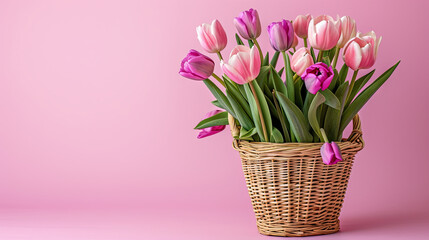 Beautiful spring bouquet of tulips in a wicker basket on a pink isolated background