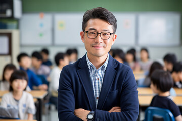 教室で授業をする日本人男性教師 - obrazy, fototapety, plakaty