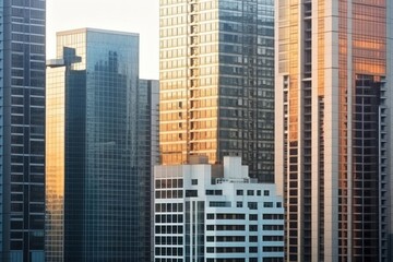 Fototapeta na wymiar Modern city skyscrapers, bank companies and office buildings, morning sunlight.