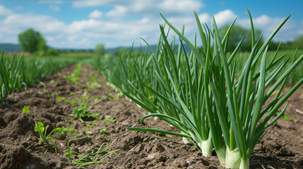 Fototapeta premium Green onions grow in a row in a vegetable garden against the sky