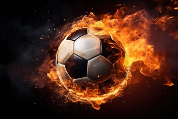 Fototapeta premium Soccer ball with dimensional fire and sparks effect, black background.
