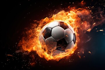 Naklejka premium Soccer ball with dimensional fire and sparks effect, black background.