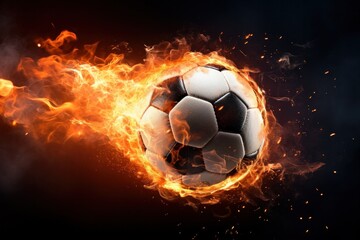 Fototapeta premium Soccer ball with dimensional fire and sparks effect, black background.