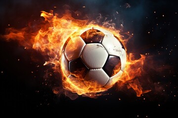 Naklejka premium Soccer ball with dimensional fire and sparks effect, black background.