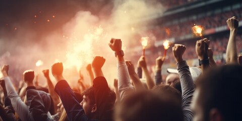 a football fans cheering favorite soccer team at crowded stadium at evening time. Winning championship. Concept of competition, leisure time, emotions, live sport event - obrazy, fototapety, plakaty
