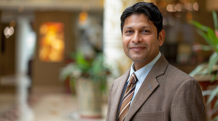 Obraz premium A charismatic bank employee, exuding charm and professionalism as he engages in friendly conversation with customers, earning their trust and respect with his approachable demeanor