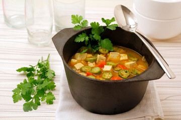 Okra and tofu soup.