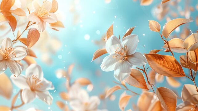 A Natural autumn background with delicate Jasmine flower flowers against blue sky