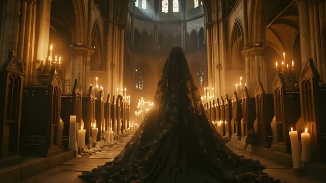 In a candlelit cathedral a gothic bride walks down the aisle in a dramatic black wedding dress complete with a dramatic train and a veil embellished with skulls.
