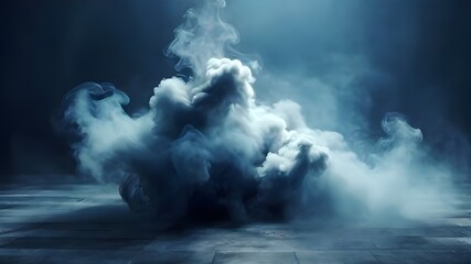 Fog, smoke, blue smog clouds on floor, mist over the ground. Swirling smoke rolling low across the ground. Dark room or stage background for product presentation. Modern and classic abstract backdrop