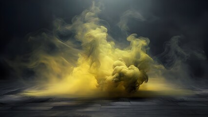 Fog, smoke, yellow smog clouds on floor, mist over the ground. Swirling smoke rolling low across the ground. Dark room or stage background for product presentation. Modern classic abstract backdrop