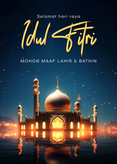 Eid al Fitr poster template with mosque and beautiful night sky background