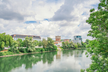 Obraz premium beautiful summer day in Ingolstadt, view of the Danube river in Germany 
