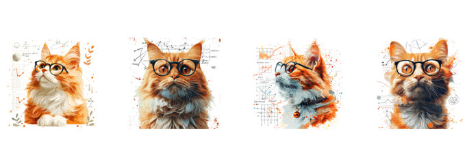 Cat vector. Quantum Physicist Cat with Formulas, Intellectual Feline Vector Art,  cute animal cartoon character illustration set - obrazy, fototapety, plakaty