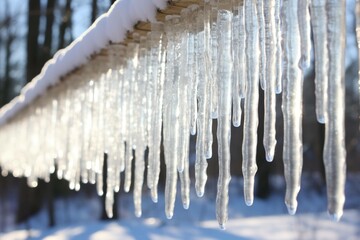 Crystal-clear icicles hanging in a straight row, each one shorter than the next