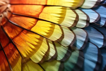 Detailed perspective of butterfly wing's spectrum on sunlit sunflower