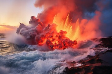 Fiery lava meeting the cool ocean, resulting in steam and new formations