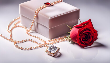 Big red fine velour kit box of luxury diamond necklace with fresh red rose