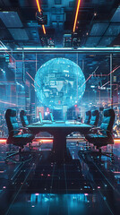 Cybernetic negotiation room where AI and humans collaborate on groundbreaking business deals for market expansion  - obrazy, fototapety, plakaty