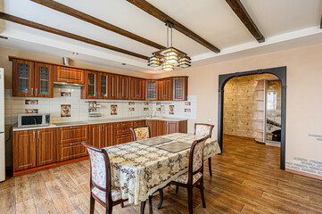 interior kitchen and dining room, refectory area, cooking equipment, table furniture, stove