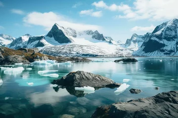 Papier Peint photo Mont Cradle Glacier's blue-green waters cradled by snow-peaked mountains