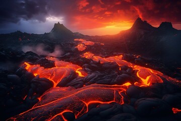 Glowing magma flowing from a deep volcanic fissure, lighting up the night sky - obrazy, fototapety, plakaty