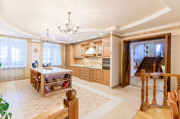 interior kitchen and dining room, refectory area, cooking equipment, table furniture, stove