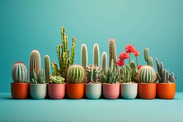 Line of matching succulents disrupted by a single vibrant cactus - obrazy, fototapety, plakaty