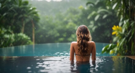 Fototapeta premium Back view happy woman enjoys warm tropical swimming pool overlooking the jungle