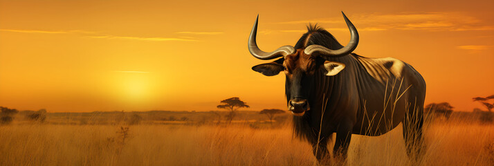 The Lone Gnu: A Captivating Silhouette Against the Vibrant Vistas of the African Grasslands