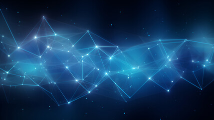 Abstract blue banner with a grid of linked networks and individual particles.The background is a data graphic and network of lines from the future, polygonal space, Data Technology Signals
