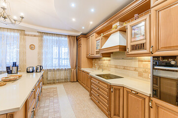 interior kitchen and dining room, refectory area, cooking equipment, table furniture, stove