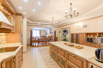 interior kitchen and dining room, refectory area, cooking equipment, table furniture, stove