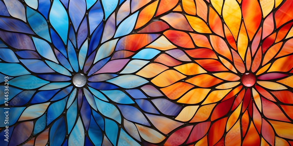 Poster detailed view of a colorful stained glass window displaying intricate patterns. concept stained glas