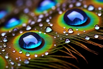 Pristine water droplets magnifying the colors of a peacock feather